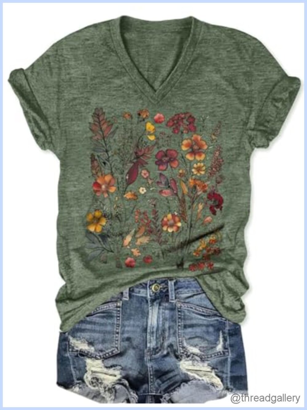 Women's V-Neck Boho Flowers Graphic Tee Short Sleeve Casual Summer Top